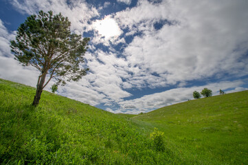 Spring photography, meadows, fields, ravines, hills, rural landscape. A deep, narrow gorge with steep slopes. A naturally raised area of ​​land, not as high or craggy as a mountain.