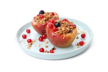 Concept of tasty food with baked apples isolated on white background