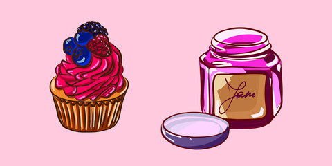 Cupcake and jam jar vector set on the pink background. Vanilla cupcake with strawberry whipped cream and wild berries on top and raspberry jam jar. Breakfast sweet elements. Bright cartoon style set.