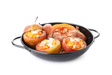 Concept of tasty food with baked apples isolated on white background