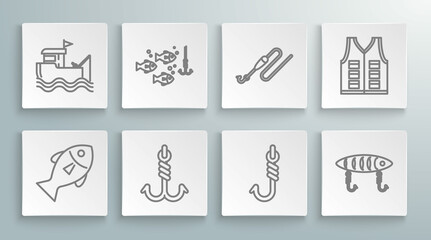 Fototapeta premium Set line Fish, Fishing hook under water with fish, lure, line and float, jacket and boat fishing rod on icon. Vector