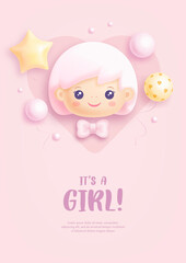 Baby shower invitation with cartoon baby girl and helium balloons on pink background. It's a girl. Vector illustration