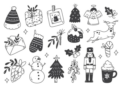 Set of hand drawn Christmas object in doodle style