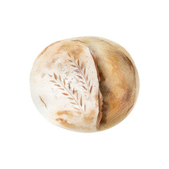 Hand-drawn watercolor sourdough round bread illustration. Fresh baked goods for bakery card, logo design isolated on white background