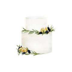 Watercolor white wedding cake with berries, citrus lemons and green leaves illustration. Hand-drawn sweet baked dessert food isolated on white background  for wedding invitations, cards, bakery logo