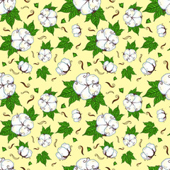 seamless background with a pattern of cotton flowers and leaves. Environmentally friendly production. Ripe cotton flowers with brown leaves on a yellow neutral background.