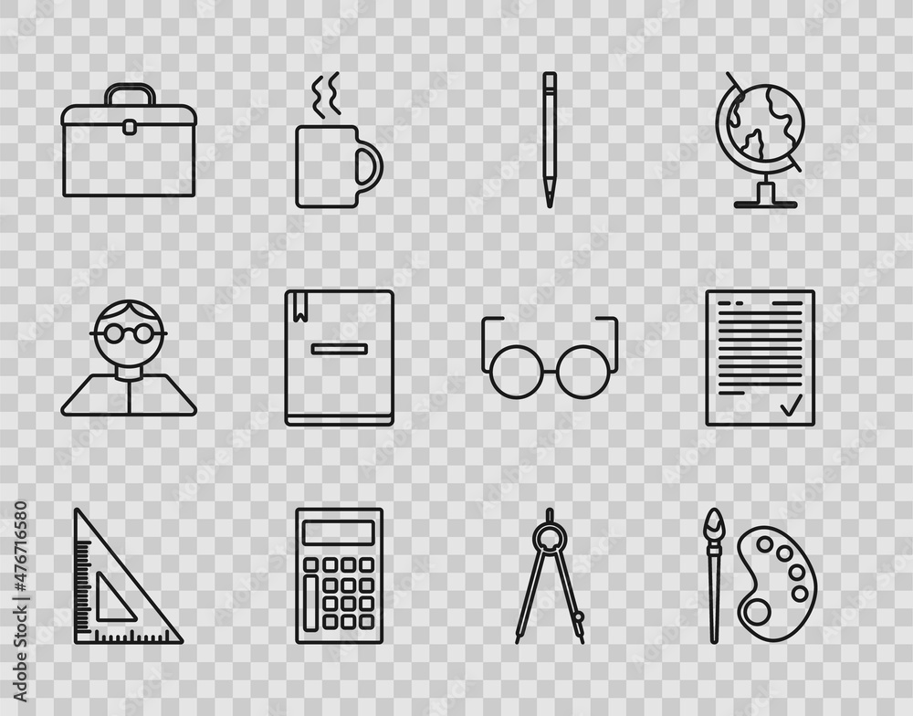 Poster Set line Triangular ruler, Paint brush with palette, Pencil eraser, Calculator, Briefcase, Notebook, Drawing compass and Exam sheet check mark icon. Vector