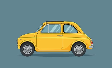 Poster Yellow vintage old fashioned european city small car. Flat vector retro illustration in cartoon style © OWLISKO DESIGN