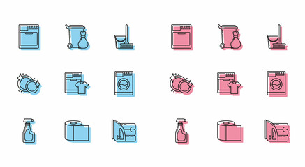 Set line Cleaning spray bottle with detergent liquid, Toilet paper roll, Washer, Electric iron and towel, t-shirt, Washing dishes and Trash can icon. Vector