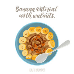 Delicious healthy breakfast. Banana oatmeal with walnuts. Hand drawn dish in trendy flat style.