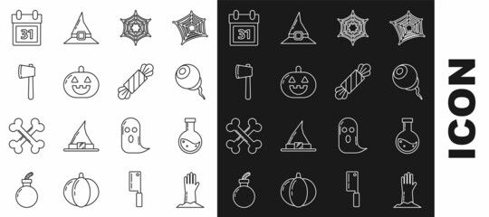 Set line Zombie hand, Bottle with potion, Eye, Spider web, Pumpkin, Wooden axe, Calendar Halloween date 31 october and Candy icon. Vector