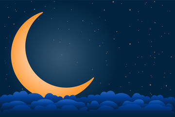 Fototapeta na wymiar Moon, stars and clouds in midnight. Dark night sky background with copy space. Crescent moon and starry nighttime skies. Christmas night. Ramadan Kareem poster. Sweet dream concept.Vector illustration