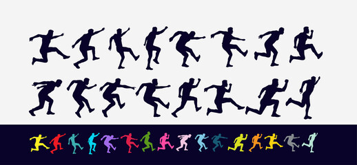 Fototapeta Set of happy jumping people silhouettes. Black and white vector illustration. Сollection of black silhouettes of jumping people. Isolated on white background. obraz