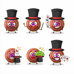 A orange spiral gummy candyMagician cartoon character perform on a stage
