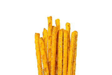 Salty and spicy biscuit sticks isolated on white background. Close up of salty and spicy favored...