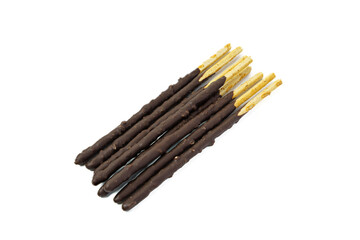 Chocolate covered biscuit sticks isolated on white background. Close up of chocolate biscuit stick.