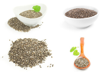 Collage of organic dry chia seeds