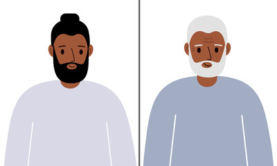 Young and Old Man Vector Concept Illustration. Normalizing gracefully aging process conceptual poster. Before and after concept