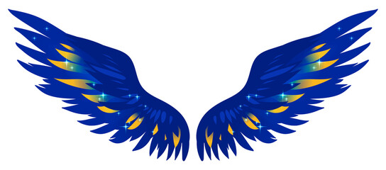 Beautiful bright blue glittery magic wings, background wall, color vector illustration
