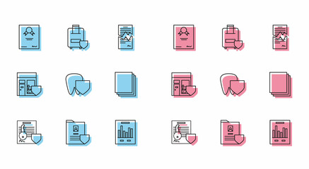 Set line Document with key with shield, Certificate template, graph chart, Tooth, Clean paper, Shopping building and Traveling baggage insurance icon. Vector