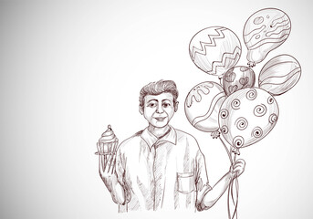 Happy birthday guy looking with holding balloons and cupcake sketch design