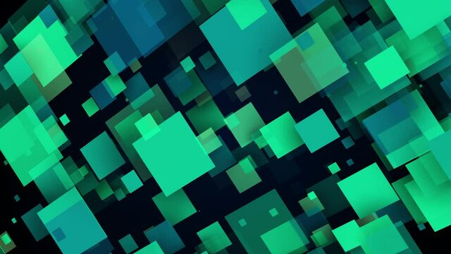 Quadrangular shapes in 3d render of random movement. Futuristic cyber landscape with transparent geometric layers and shifting structures. Creative graphic web interior.