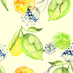 Citrus fruits. seamless watercolor pattern - hand drawing threads of lemon, Orange, lime  with leaves. Trendy pattern. Painting.
flower, lemon. Branch with citrus fruit. Citrus art background