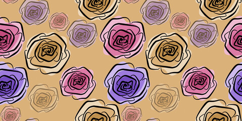 Spring Floral Seamless Patterns with packaging and scrapbooking. Violet, red and pink line art Roses Flower on brown Background