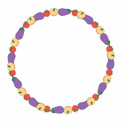 Round frame with positive eggplant, tomato and bush pumpkin on white background. Vector image.