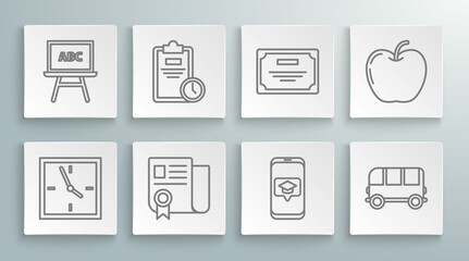 Set line Clock, Exam sheet with clock, Certificate template, Graduation cap on screen smartphone, School Bus, Apple and Chalkboard icon. Vector