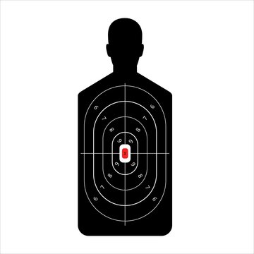 Target in form of man for shooting range. Black silhouette with outlined circles and numbers of points for hitting training in shooting from firearms and vector bow.