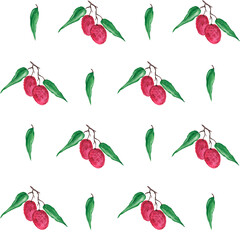 Lychee juicy fruits on branches with green leaves. Red berries seamless pattern on a white background. Tropical plants. Watercolor illustration. For printing on fabric, packaging design.