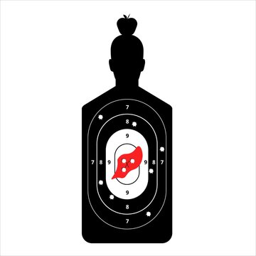 Black human target with an apple on head. Silhouette with outlined circles and numbers of points for hitting training in shooting from firearms and vector bow.