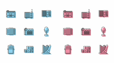 Set line Guitar pedal, Stereo speaker, DJ remote for playing and mixing music, Harp, Drum machine, Microphone, Musical instrument accordion and Radio with antenna icon. Vector