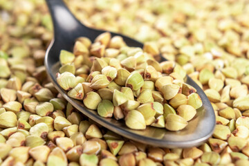 Green buckwheat in spoon. Raw green buckwheat. Healthy dietetic vegan food.