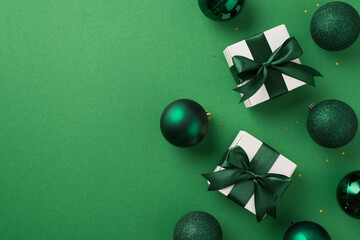 Top view photo of christmas decorations green balls golden sequins and white gift boxes with green...