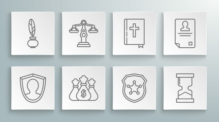 Set line User protection, Scales of justice, Money bag, Police badge, Old hourglass, Holy bible book, Identification and Feather and inkwell icon. Vector