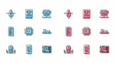 Set line Robot and digital time manager, Processor with microcircuits CPU, Conveyor belt cardboard box, Computer api interface and User manual icon. Vector