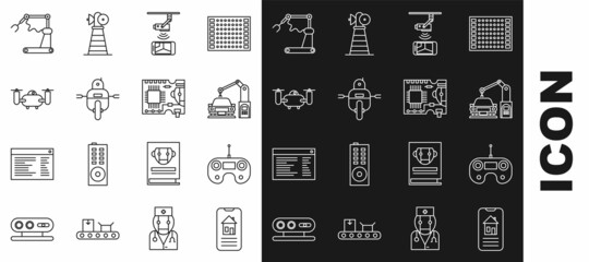 Set line Smart home, Industrial machine robotic robot arm hand, Wireless Controlling CCTV security camera, Robot, Drone flying with action, factory and Printed circuit board PCB icon. Vector