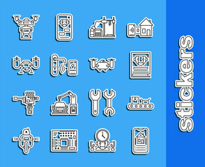 Set line Smart home, Conveyor belt with cardboard box, User manual, 3D printer, Digital door lock wireless technology for unlock, Drone flying action camera, delivery concept and icon. Vector