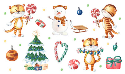 Watercolor New Year set with cute tigers,snowman,Chistmas tree,gift box and lollipop.