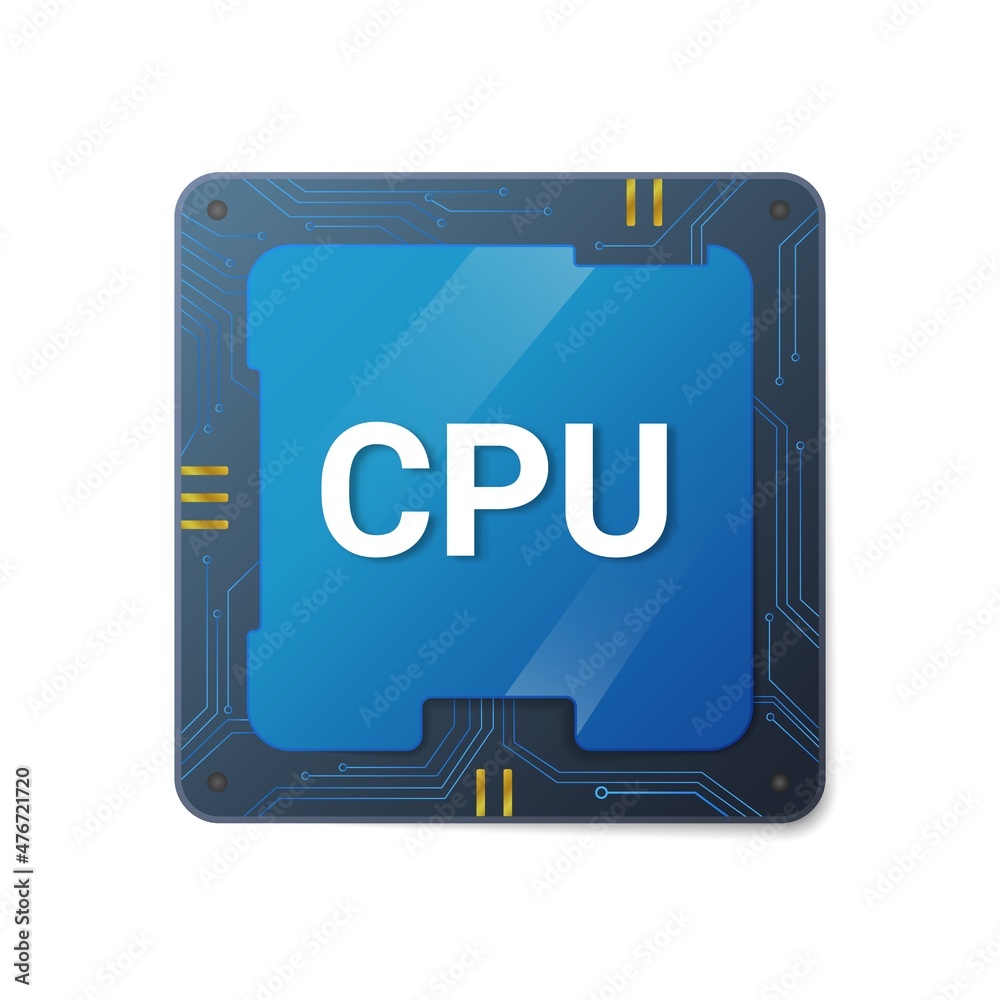 Poster central cpu processor. microprocessor blue chip with lines for connecting and transmitting digital i