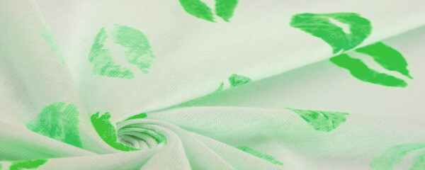 Texture, background, ground, context, fond, foil, field, silk fabric is green white with kisses lip prints