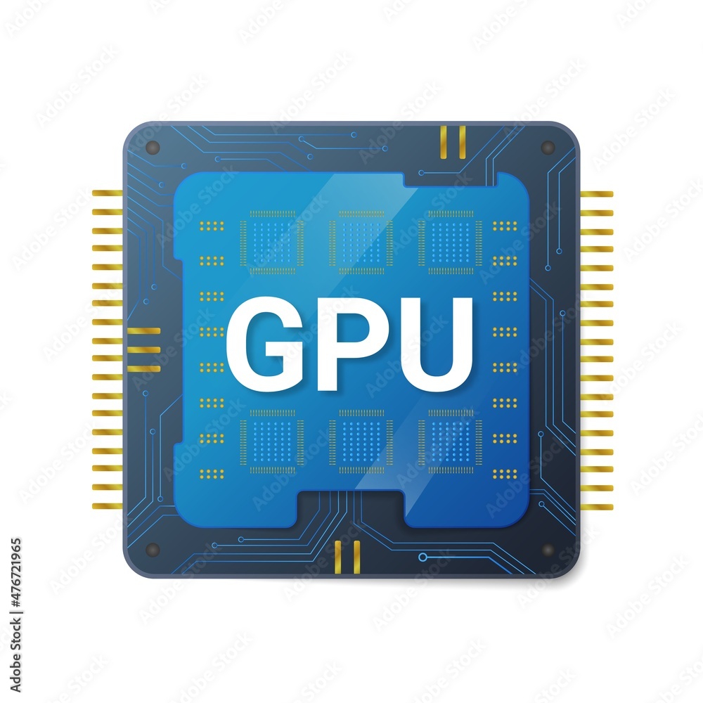 Poster central gpu processor with gold contacts. digital blue chip with lines for connecting and transmitti