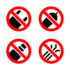 No plastic forbidden sign set, modern red round stickers, vector illustration