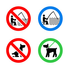 No Fouling Dog and No fishing forbidden signs, vector illustration