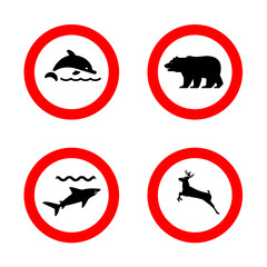 bear, dolphin, shark, deer prohibited signs, vector illustration