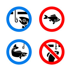 No fishing forbidden sign, modern round stickers, vector illustration