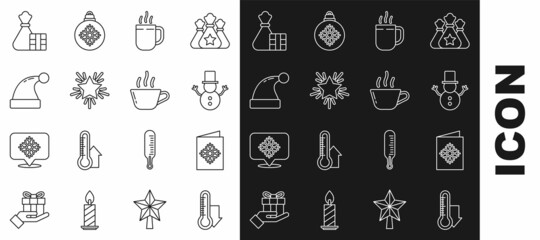 Set line Meteorology thermometer measuring, Christmas postcard, snowman, Coffee cup, star, Santa Claus hat, Gift box and bag and icon. Vector