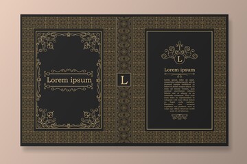 Vintage medieval book cover. Opened folio with decorative tracery and ornaments antique design embellished with golden abstract floral vector twists. - obrazy, fototapety, plakaty